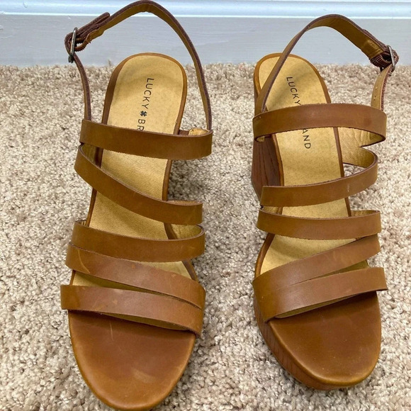 Lucky brand Latinaa strappy wedge sandals brown leather faux wood - Picture 5 of 11